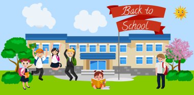 Okul pankartı konseptine dönersek, çocuklar eğitim yılının başında inşaata yakın ve mutlu bir şekilde duruyorlar..