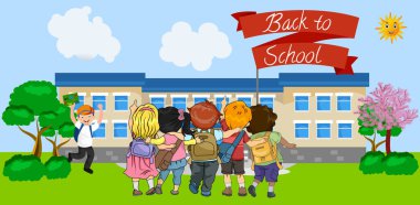 Okul pankartına geri dönelim, çocuklar arkadaşça kucaklaşsın ve büyük bir sevinçle okula gitsinler, okul yılının başında mutlu olsunlar..