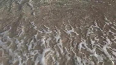 Dalgalı, kumlu, köpüklü deniz.