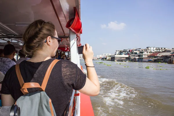 Tourism Take Photo Travel Bangkok Chao Phraya Express Boat Style — Stock Photo, Image