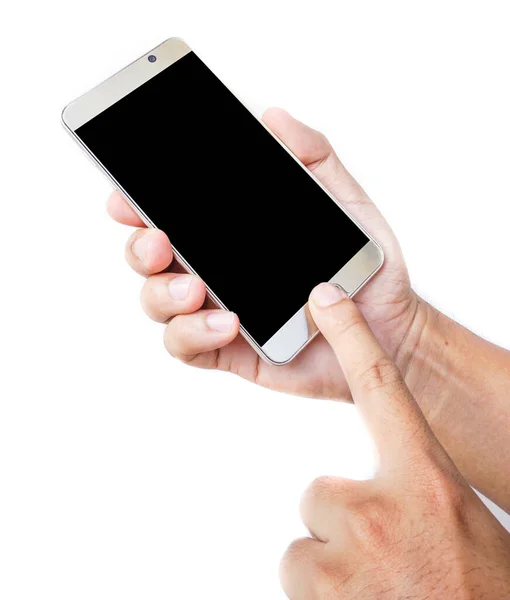 Handhalten Und Berühren Auf Einem Smartphone Auf Weißem Hintergrund — Stockfoto