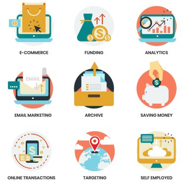 İş, pazarlama, yönetim için ayarlanan iş simgeleri