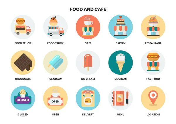 Conjunto Iconos Comida Café Para Negocios Marketing Gestión — Archivo Imágenes Vectoriales