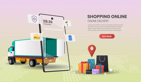 食品やパッケージオンラインショッピング配信サービスのためのトラック配達サービス 3Dベクトル図 — ストックベクタ