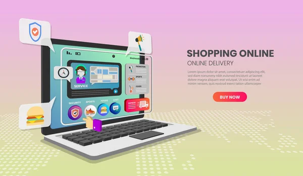 Online Vásárlási Sablonok Laptop App Oldalra Web Banner Infografika Hős — Stock Vector