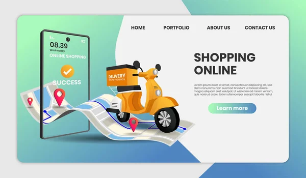 Çevrimiçi Alışveriş Şablonu Servisi Motosikletli Online Alışveriş Servisi Vektör Illüstrasyonu — Stok Vektör