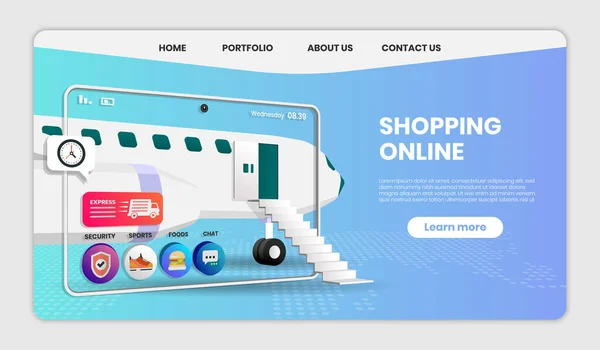 Shopping Online Mobile Application Plane Concept Digital Vector Landing Page — Διανυσματικό Αρχείο