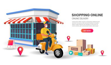 Web sitesinde Alışveriş Çevrimiçi veya Dükkan Perakende Pazarlama ve Dijital Pazarlama ile Mobil Uygulama Vektörü.