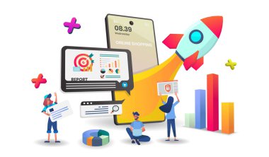 Mobil Uygulamada Alışveriş Çevrimiçi Konsepti Dijital vektör 3D gösterimi.