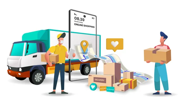 Lkw Lieferservice Für Lebensmittel Und Pakete Online Shopping Lieferservice Vektor — Stockvektor