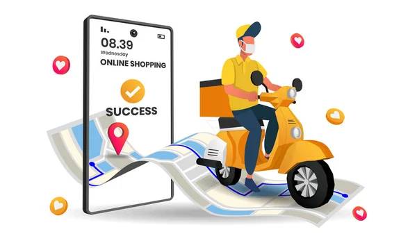 Gıda servis perspektifi iniş sayfası bisiklet ulaşımı, çevrimiçi nakliye uygulaması, ekranda GPS işareti olan akıllı telefon, 3d vektör illüstrasyonu.