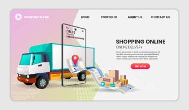 Çevrimiçi dağıtım hizmeti konsepti, çevrimiçi sipariş takibi, teslimat evi ve ofis 3D vektör illüstrasyonu, web sitesi için kahraman resmi