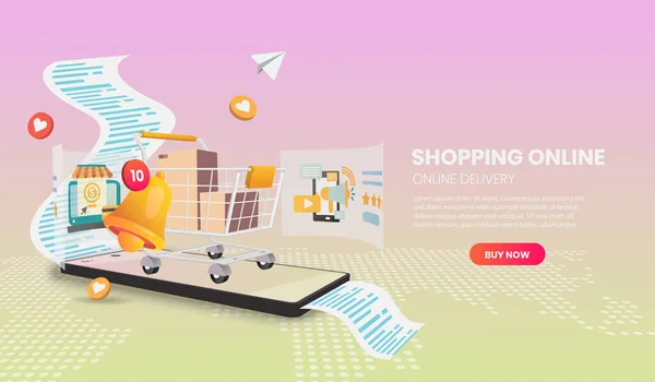 Shopping Online Con Cart Vector Banner Poster Flyer Servizio Consegna — Vettoriale Stock