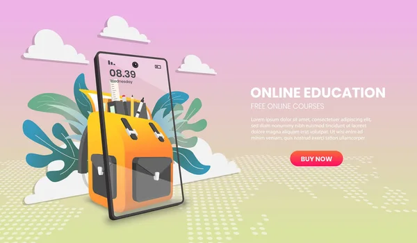 Онлайн Освіта Мобільному Телефоні Шкільним Рюкзаком Програма Вектор — стоковий вектор