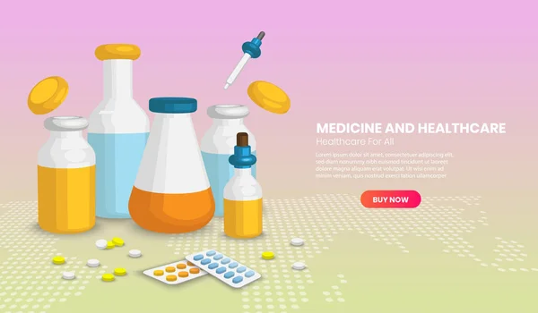 異なる医療ボトレスと錠剤 医療と医療の概念のWebページのデザインテンプレート ベクターイラスト — ストックベクタ