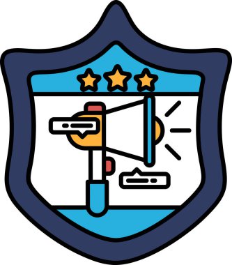 Üzerinde mikrofon ve üç yıldız olan bir kalkan. Kalkan mavi ve beyaz. Mikrofon kalkanın ortasına yerleştirildi ve yıldızlar kalkanın üst ve alt kısmına yerleştirildi.