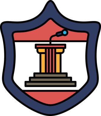 Üzerinde podyum olan bir kalkan. Podyum bir mikrofon. Kalkan mavi ve kırmızı