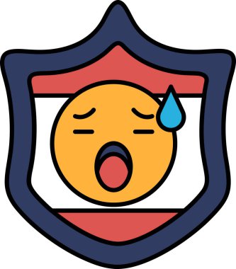 Ağzı açık ve arkasında kalkan olan karikatürsel bir yüz. Kalkan kırmızı ve beyaz.