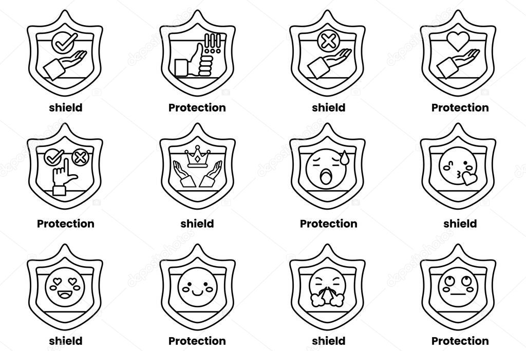 A set of 12 shields with different expressions and words like protection, shield, and protection. The shields are all different sizes and shapes, but they all have a similar design