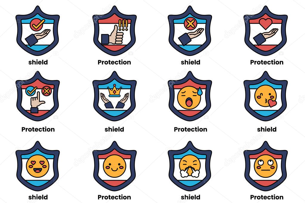 A set of shields with different expressions on them. The shields are labeled with words like protection, shield, and shield