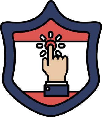 Kalkandaki düğmeyi gösteren bir el. Kalkan mavi ve kırmızı. El stil olarak çizilir.