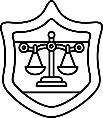 Üzerinde adalet ölçüsü olan bir kalkan. Kalkan siyah beyaz. Adalet terazisi adalet ve dengenin sembolüdür.