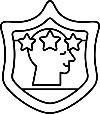 Bir adamın kafasının üzerinde üç yıldız olan bir kalkan. Kalkan siyah ve beyaz.