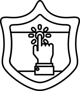 Düğmeyi gösteren eli olan bir kalkan. Kalkan siyah beyaz. Kalkan bir koruma sembolüdür.