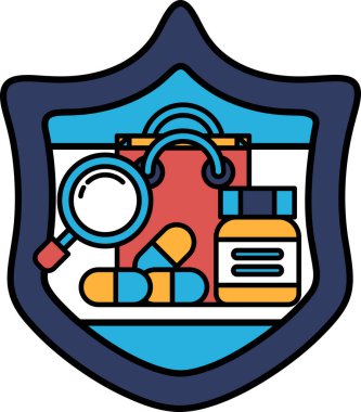 İçinde büyüteç olan bir kalkan, bir çanta dolusu hap ve bir şişe