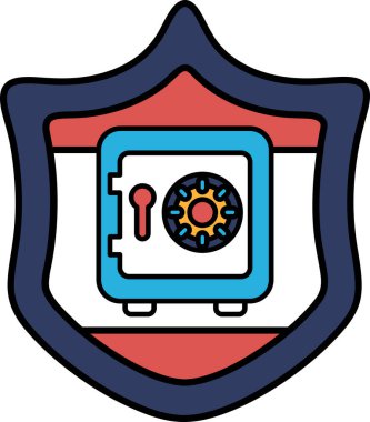 Üzerinde kilit ve anahtar olan mavi ve kırmızı bir kalkan. Kalkanın amacı güvenlik ve korumayı temsil etmek.