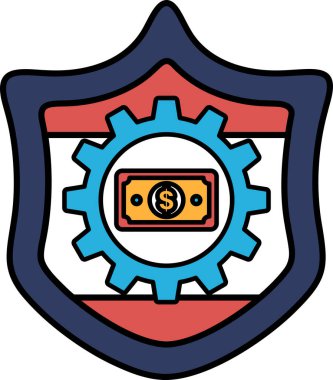 Üstünde bir dolar işareti olan bir kalkan. Dolar işareti sarı ve vites mavi.