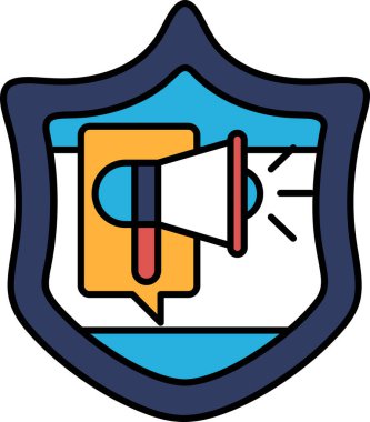Üzerinde megafon olan bir kalkan. Kalkan mavi ve beyaz. Megafon turuncu ve kırmızıdır.