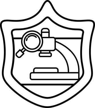 Büyüteçle bir mikroskobun siyah beyaz çizimi. Mikroskop bir kalkanın üzerinde.