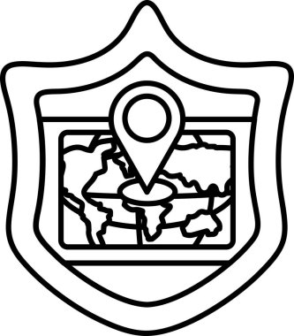 Üzerinde dünya haritası ve bir iğne olan bir kalkan. Kalkan siyah ve beyaz.