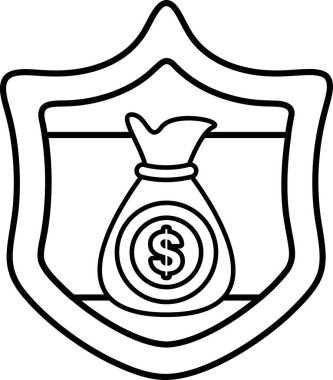 Bir dolar işareti ve para dolu bir çanta. Kalkan siyah ve beyaz.