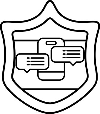 Üzerinde telefon ve kısa mesaj olan bir kalkan. Kalkan siyah beyaz. Kalkan koruyucu bir bariyeri temsil ediyor.
