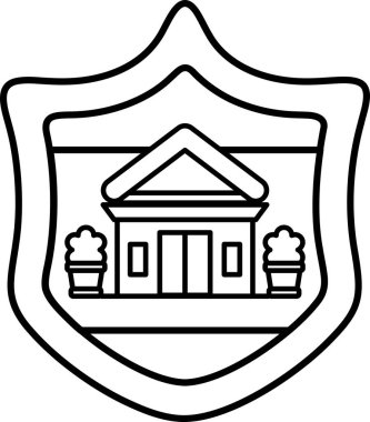 Üstünde kalkan olan bir binanın siyah beyaz çizimi. Kalkanın üzerinde bir ev var.