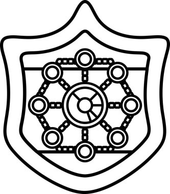 Ortasında daire olan bir kalkanın siyah beyaz çizimi. Çember birçok küçük çemberle çevrilidir.