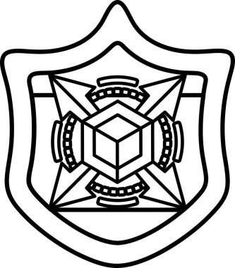 Üzerinde haç olan siyah beyaz bir kalkan resmi. Kalkan kare ve ortasında elmas bir şekil var.