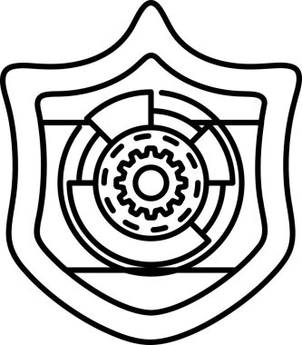 Beyaz bir kalkanla çevrili siyah beyaz bir vites. Teçhizat görüntünün ana odak noktası, ve kalkan onun etrafına yerleştirilmiş, bir koruma ve güvenlik hissi yaratıyor.