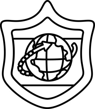 Üzerinde küre olan bir kalkan. Küre, sağı gösteren oklarla çevrili. Kalkan siyah ve beyaz.