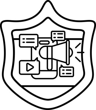 Üzerinde kamera ve mikrofon olan bir kalkan. Kalkan siyah beyaz. Kalkan bir koruma ve güvenlik sembolüdür.