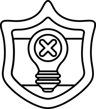 Üzerinde ampul ve X harfi olan bir kalkan. Kalkan siyah ve beyaz.