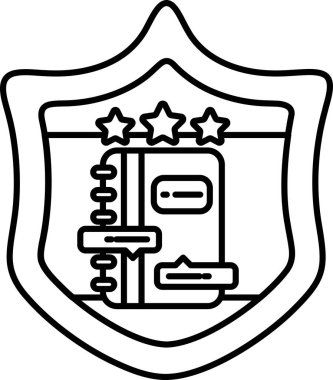 Üzerinde kitap olan bir kalkan. Kalkan siyah beyaz. Kitap açık ve üzerinde bir yıldız var.