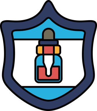 Üzerinde kırmızı şişe olan mavi bir kalkan. Şişe bir damlalık.