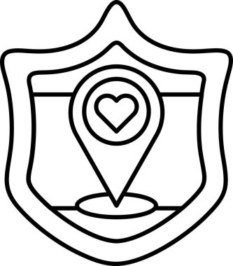 Üzerinde bir kalp ve harita olan bir kalkan. Kalkan siyah beyaz. Kalkan korunma ve sevginin sembolüdür.