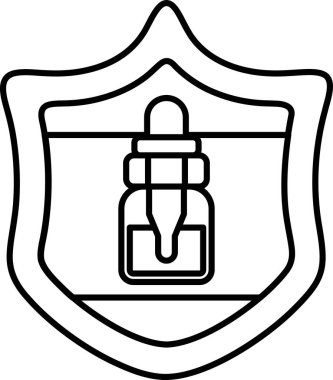 İçinde bir şişe sıvı olan bir kalkan. Kalkan siyah beyaz. Şişe küçük ve üstünde bir damlatıcı var.