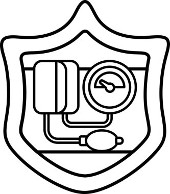 Tansiyon bilekliğinin siyah beyaz çizimi. Kelepçe kan basıncını ölçen bir makineye bağlı. Çizim basit ve basit. Sahne sakin ve odaklı.