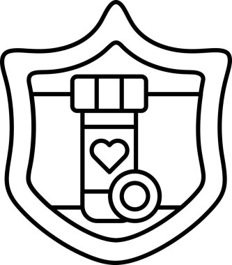 Üzerinde bir kalp ve şişe olan bir kalkan. Kalkan siyah ve beyaz.