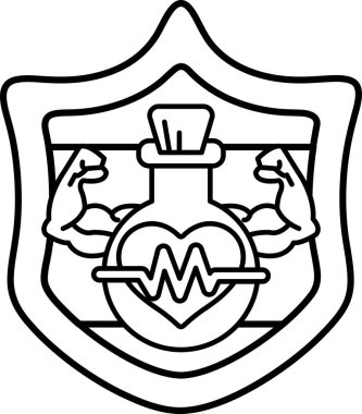 Üzerinde bir kalp ve şişe olan bir kalkan. Kalkan siyah beyaz. Kalp kırmızıdır ve şişe yeşildir. Kalkan koruma ve gücü temsil eder.